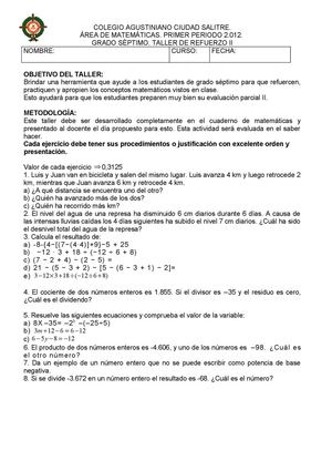 TALLER DE REFUERZO II. SÉPTIMO. PRIMER PERÍODO