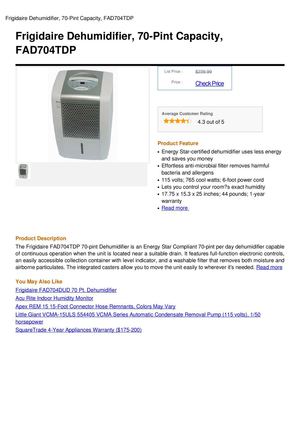 Frigidaire Dehumidifier, 70-Pint Capacity, FAD704TDP