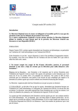 Compte rendu DP unsa-cirad octobre 2011