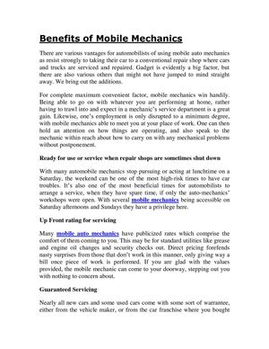 Benefits of Mobile Mechanics