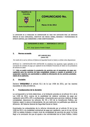 Comunicado de Prensa No. 12. Corte Constitucional. Sentencia C-197 de 2012. 