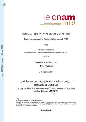 La diffusion des résultats de la veille : enjeux, méthodes et pratiques. Anna Leymarie