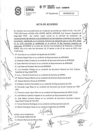 Acuerdo SIMA 22-03-2012 entre Empresas y Sindicatos Seguridad Privada