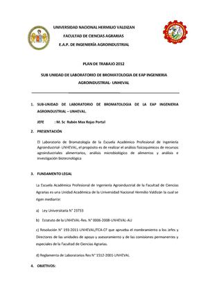 PLAN DE TRABAJO DE LABORATORIO DE BROMATOLOGIA