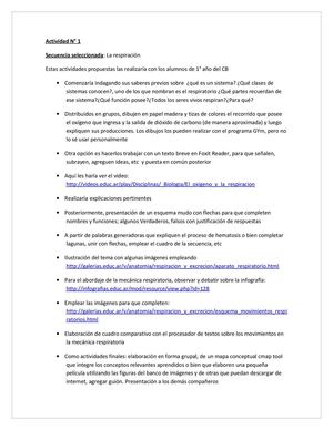 Cwirko, Alicia Liliana comparte la siguiente secuencia didáctica sobre respiración. Sugerencias: Cuando los chicos hacen el recorrido del oxigeno, hay que tener cuenta la respiración celular.