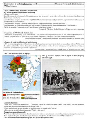 Devoir maison sur les causes et les formes de la décolonisation de l'Afrique française.