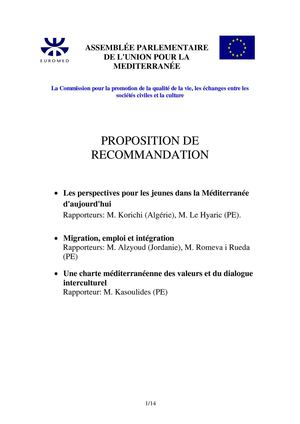 "Perspectives pour la jeunesse dans la Méditerranée d'aujourd'hui" Version avant amendements