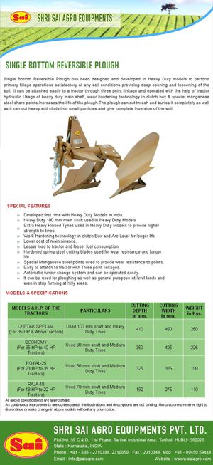 Leading Tractor mounted Single Bottom Reversible Plough manufacturers and exporters in India