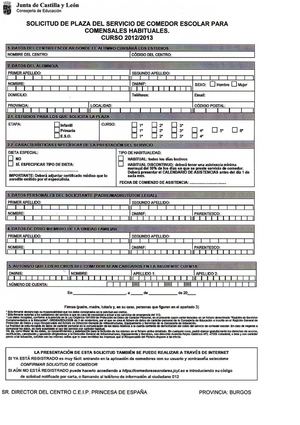 Impreso solicitud del servicio comedor