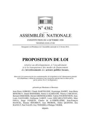 Proposition de loi relative au développement, à l’encadrement et à la transparence des modes de financement des investissements des acteurs publics locaux
