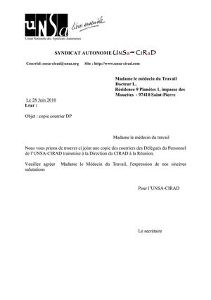 courrier médecins du travail 28 juin 2010