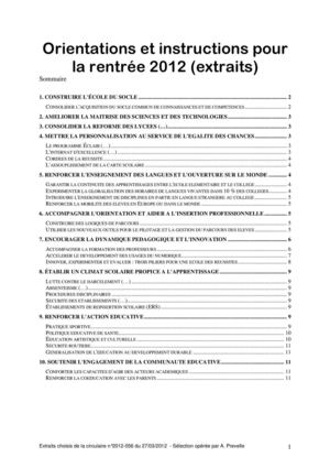 Extraits de la circulaire de rentrée 2012