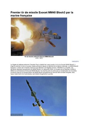 Premier tir de missile Exocet MM40 Block3 par la marine française