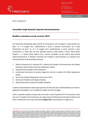 Assemblea degli Azionisti: deposito documentazione. Modifica calendario eventi societari 2012