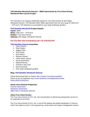 TVH Satvikka Mandaveli Chennai - 3BHK Apartments by True Value Homes, Mandaveli New Launch Project