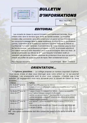 Bulletin d'information n°4 du collège Gambetta