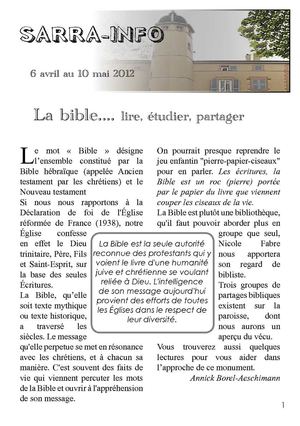 Sarra Info Avril 2012 : La Bible...Lire, étudier, partager