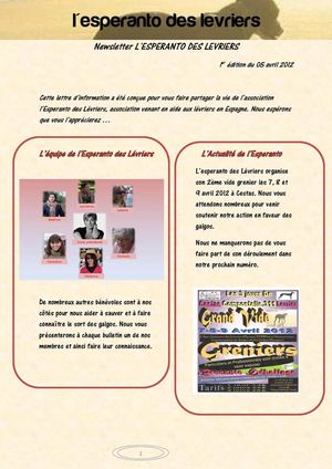 Newsletter de L'Esperanto des Lévriers du 05 avril 2012