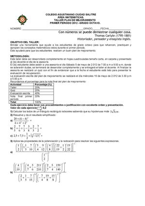 TALLER PLAN DE MEJORAMIENTO PRIMER PERIODO
