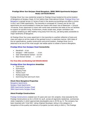 Prestige Silver Sun Sarjapur Road Bangalore, 2BHK 3BHK Apartments Sarjapur Road, Call 9225140343