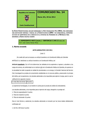 Corte Constitucional. Comunicado No. 14. Sentencia C-249-2012