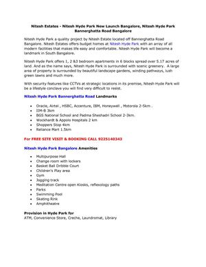 Nitesh Estates - Nitesh Hyde Park New Launch Bangalore, Nitesh Hyde Park Bannerghatta Road   Bangalore