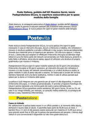 Poste Assicura lancia 'Postaprotezione SiCura', la nuova polizza che copre le spese necessarie in caso di interventi chirurgici