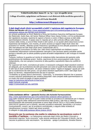 VobisNewSLetter n. 74 - 15 e 16 aprile 2012