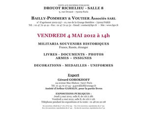 MILITARIA SOUVENIRS HISTORIQUES - VENDREDI 4 MAI 2012 à 14h