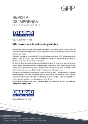 Revista de Imprensa de 14 a 16 de abril de 2012