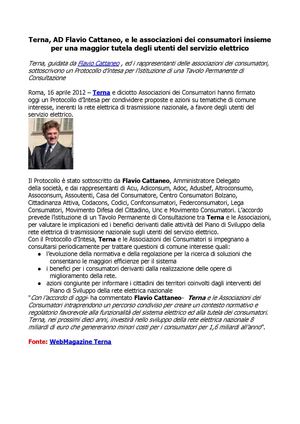 Flavio Cattaneo: Terna intesa con consumatori per tutela utenti servizio elettrico