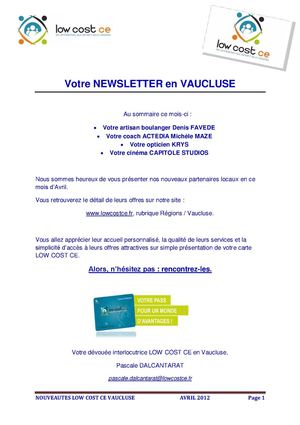 Votre Newsletter Low Cost CE en Vaucluse Avril 2012