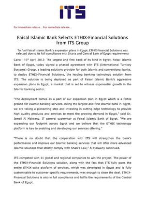 Faisal Islamic Bank Selects ETHIX-Financial Solutions from ITS Group