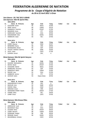Programme de la   Coupe d'Algérie de Natation a ORAN 