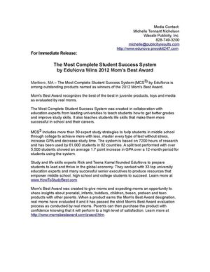 The Most Complete Student Success System by EduNova Wins 2012 Mom's Best Award