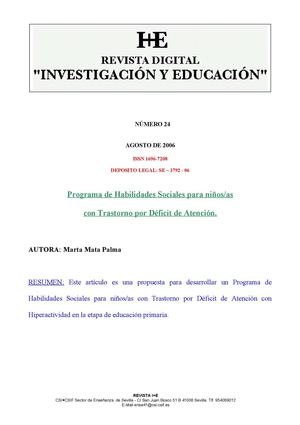 Artículo: Programa de Habilidades Sociales para alumnos con TDAH