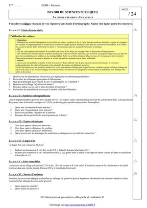 DS 1 - Troisième - La chimie créatrice - Les métaux