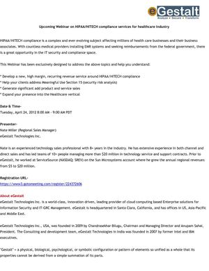 Upcoming Webinar on HIPAA/HITECH compliance services for healthcare industry