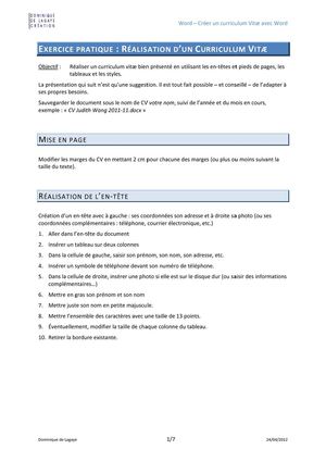 Word - Réalisation d’un curriculum vitæ