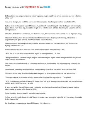 Power Your Car With Vegetable Oil and Smile