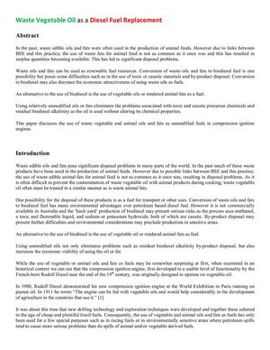 Waste Vegetable Oil as a Diesel Fuel Replacement