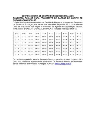 Gabarito_seed1104_24_4_2012 - GABARITO OFICIAL DA PROVA, realizada no dia 22/04/2012.
