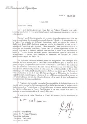 Lettre de remerciement de Nicolas SARKOZY