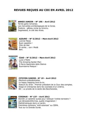 Revues reçues au CDI en avril 2012