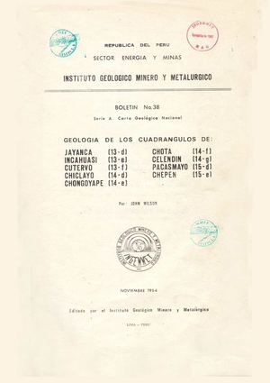 Geología - Cuadrangulo de Jayanca (13d), Incahuasi (13e), Cutervo (13f), Chiclayo (14d), Chongoyape (14e), Chota (14f), Celendín (14g), Paca