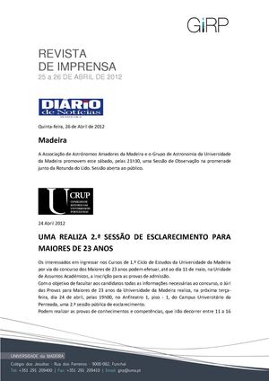 Revista de Imprensa de 25 a 26 de abril de 2012