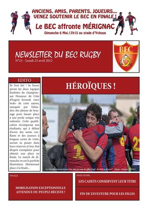 Newsletter du BEC Rugby N°21 - Lundi 23 Avril 2012