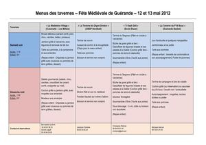 Menus Tavernes Fête Médiévale 2012