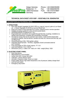 Vegetable Oil Electrical Generator: Runs on Rape Oil, Soya Oil, Palm Oil, Sun Flower Oil and Waste Vegetable Oil  
