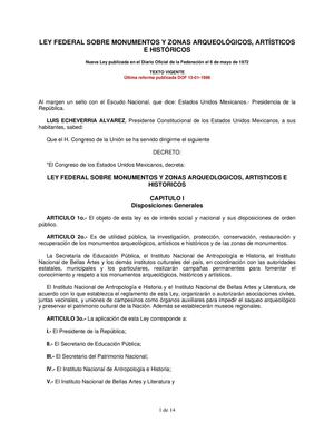 LEY DE MONUMENTOS PARA ZONAS ARQUEOLOGICAS ARTISTICOS E HISTORICOS DEL INAH